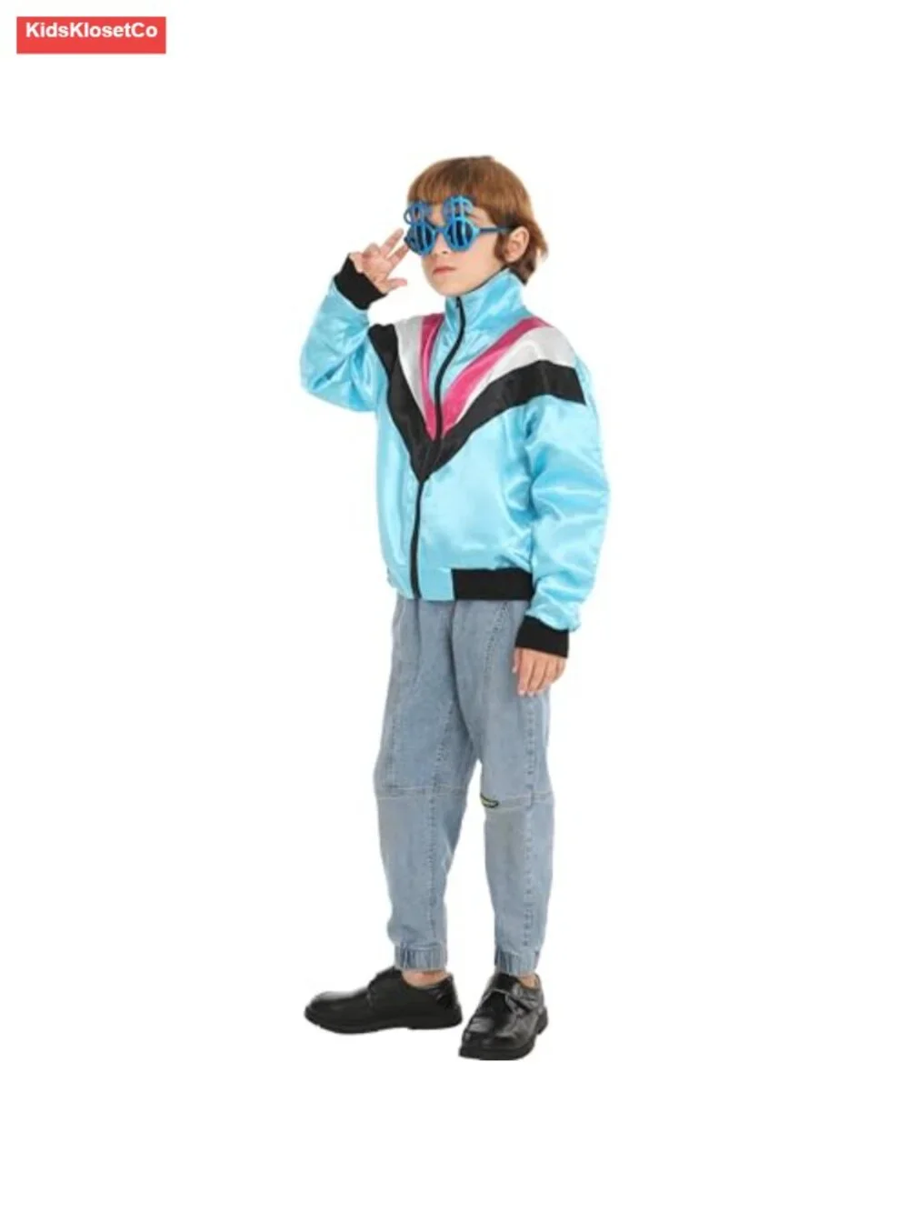 Kids 80s Retro Windbreaker Tracksuit Top Costume with Glasses